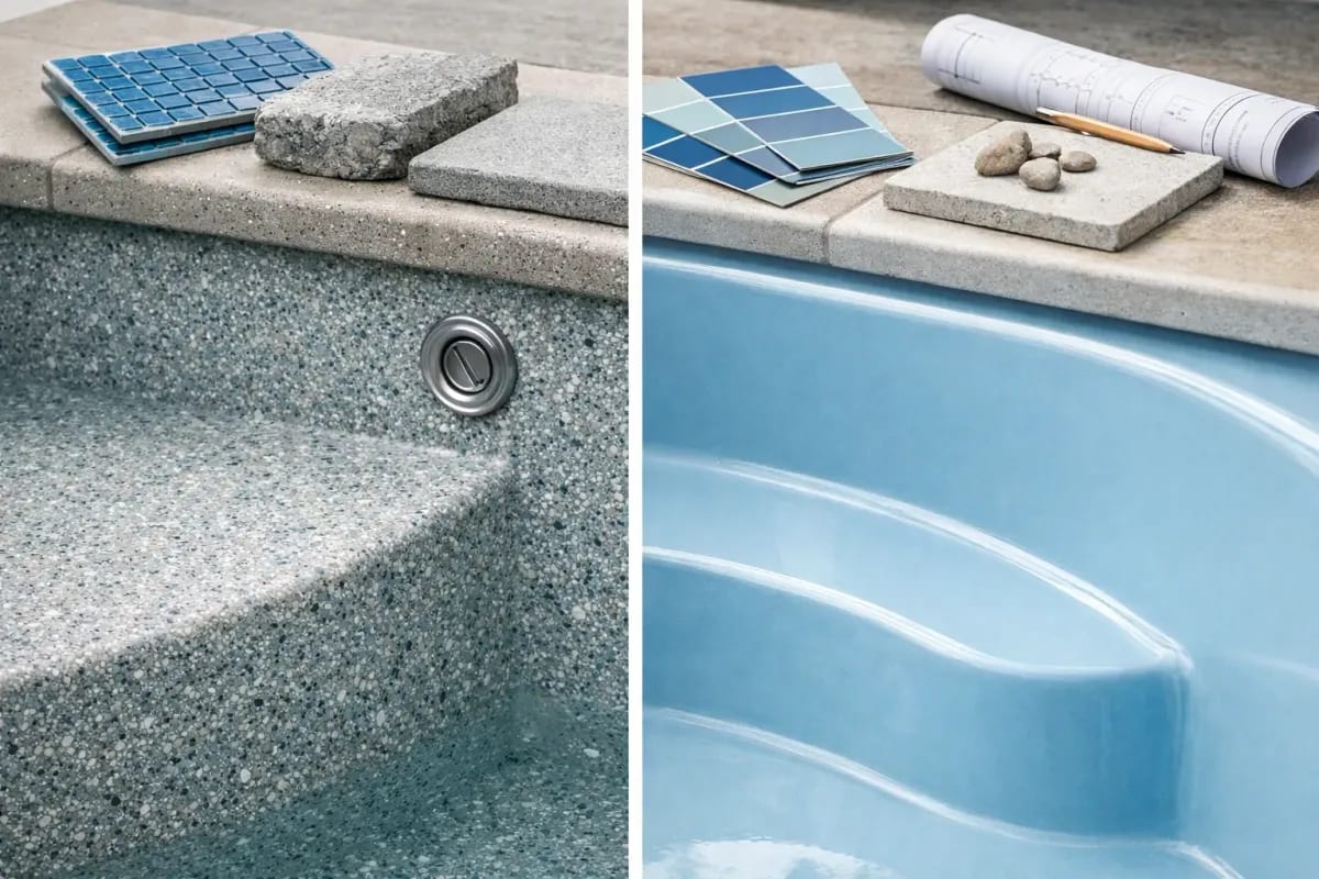 Side-by-side comparison: left panel shows a gunite pool interior with pebble plaster finish, blue glass mosaic tile, and travertine coping samples; right panel shows smooth pale blue fiberglass pool steps with blue color swatch cards, pebble stones, pencil, and rolled blueprints on the coping