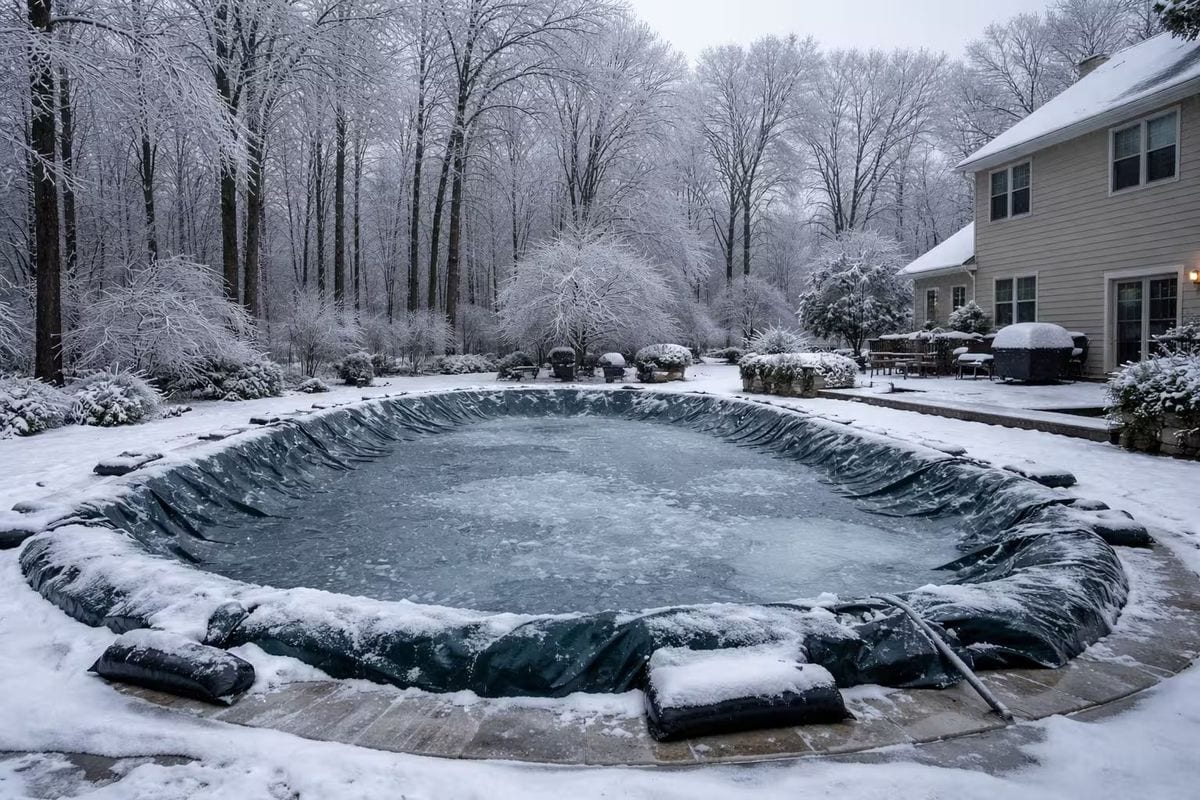Oval inground pool covered with a dark mesh winter safety cover weighed down by snow and ice after a winter storm, with snow blanketing the stone deck, patio furniture, and ice-coated trees surrounding a suburban Maryland or Virginia home