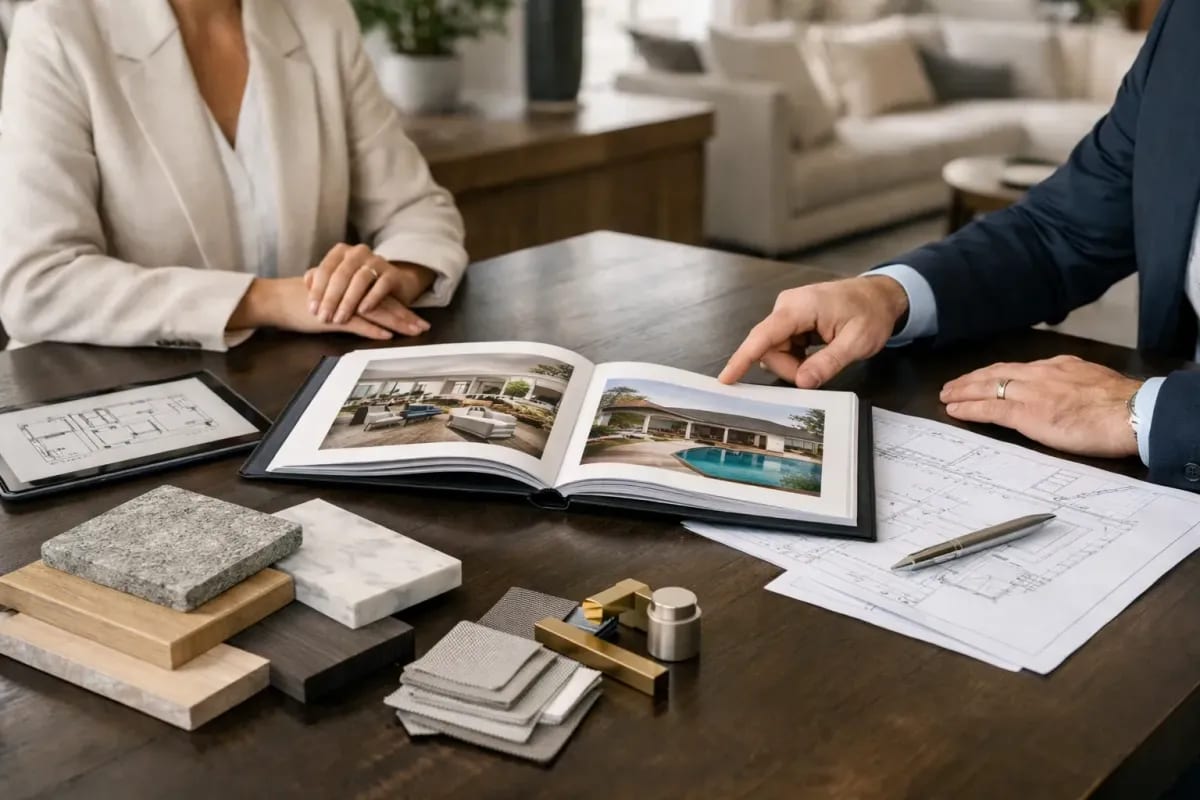 Pool contractor pointing to a luxury pool project photo in an open portfolio book during a client consultation, with stone, marble, and wood finish samples, gold and silver hardware fixtures, a tablet showing blueprints, and pool plans on a dark wood table
