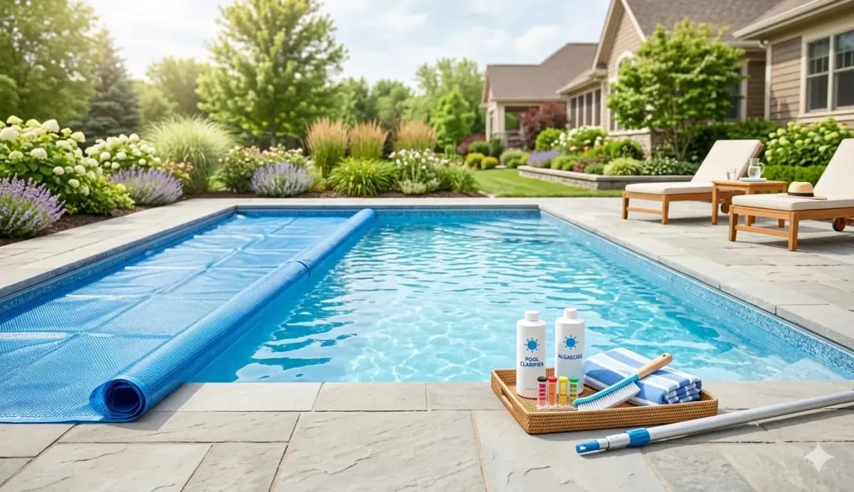 Rectangular inground pool being prepared for summer with a blue solar cover half-rolled back, a tray on the patio holding pool clarifier and algaecide bottles, test tubes, a pool brush, striped towels, and a vacuum pole, beside lounge chairs and lush suburban landscaping