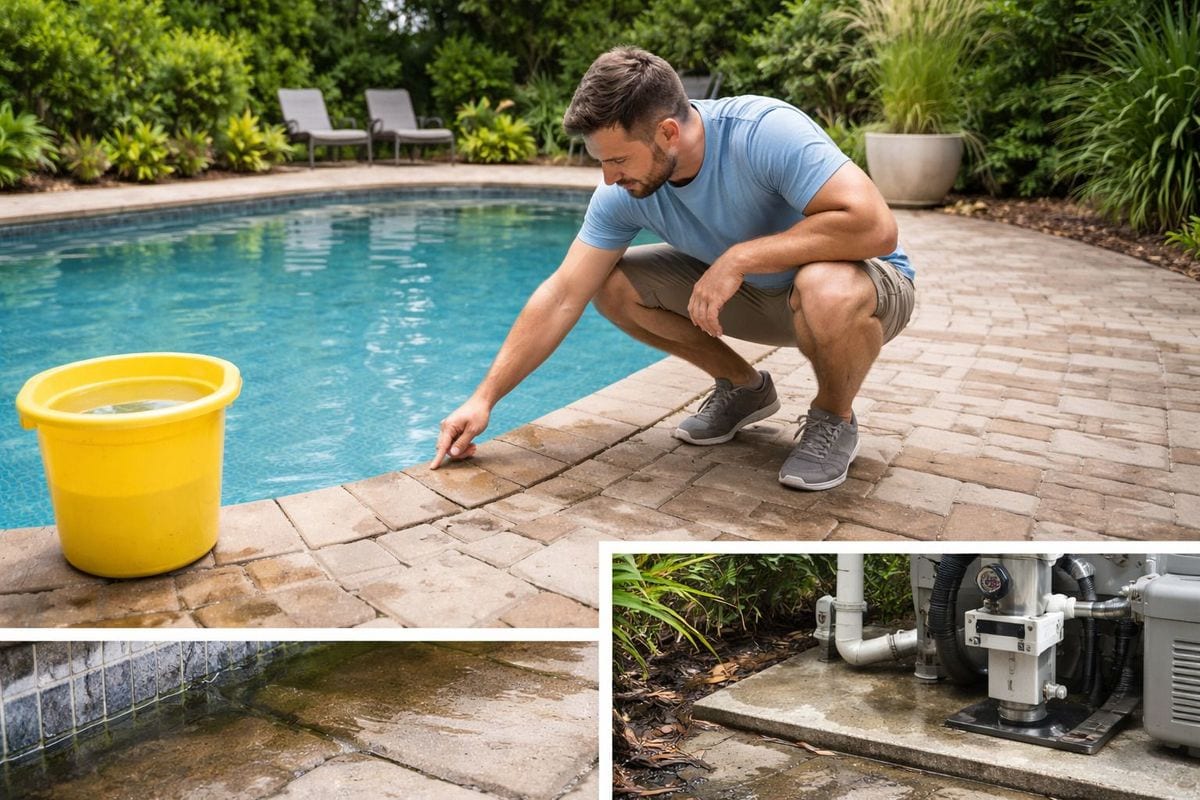 Homeowner crouching at a freeform pool coping inspecting wet pavers with a yellow bucket test beside the water, inset panels showing a low waterline at tile level and a wet pool equipment pad with leaking pump plumbing