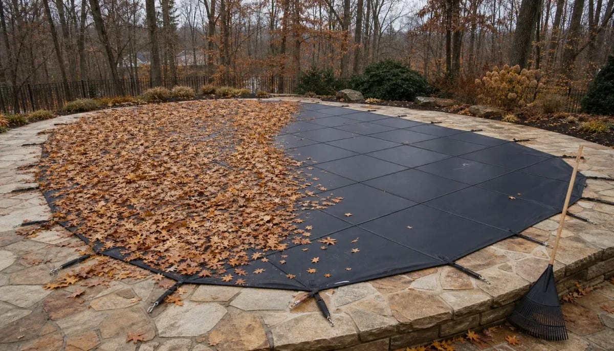 Fallen leaves drifted across half of a taut black mesh pool safety cover with a rake nearby