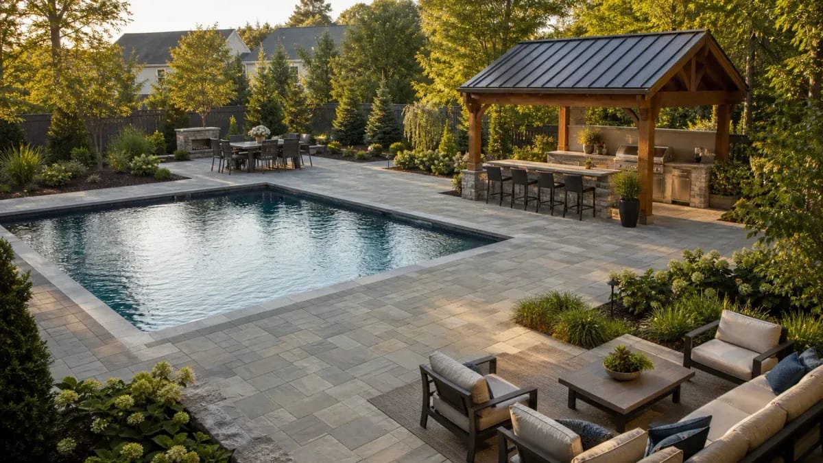 Zoned backyard with an inground pool, outdoor kitchen pavilion, dining area, and shaded lounge