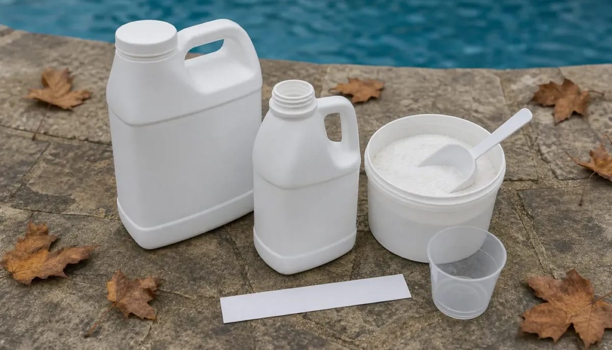 Unlabeled white pool chemical jugs, a tub of granular chemical with a scoop, and a measuring cup