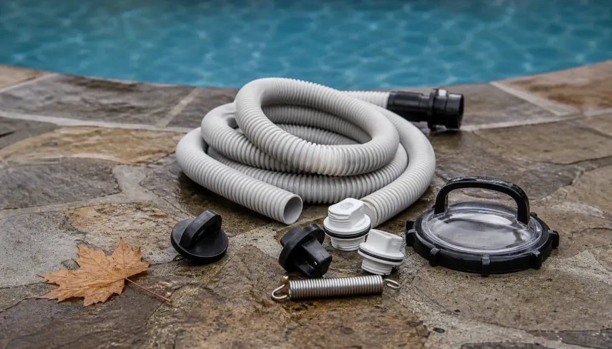 Winterizing plugs, flexible hose, pump lid, and cover spring on stone pool coping