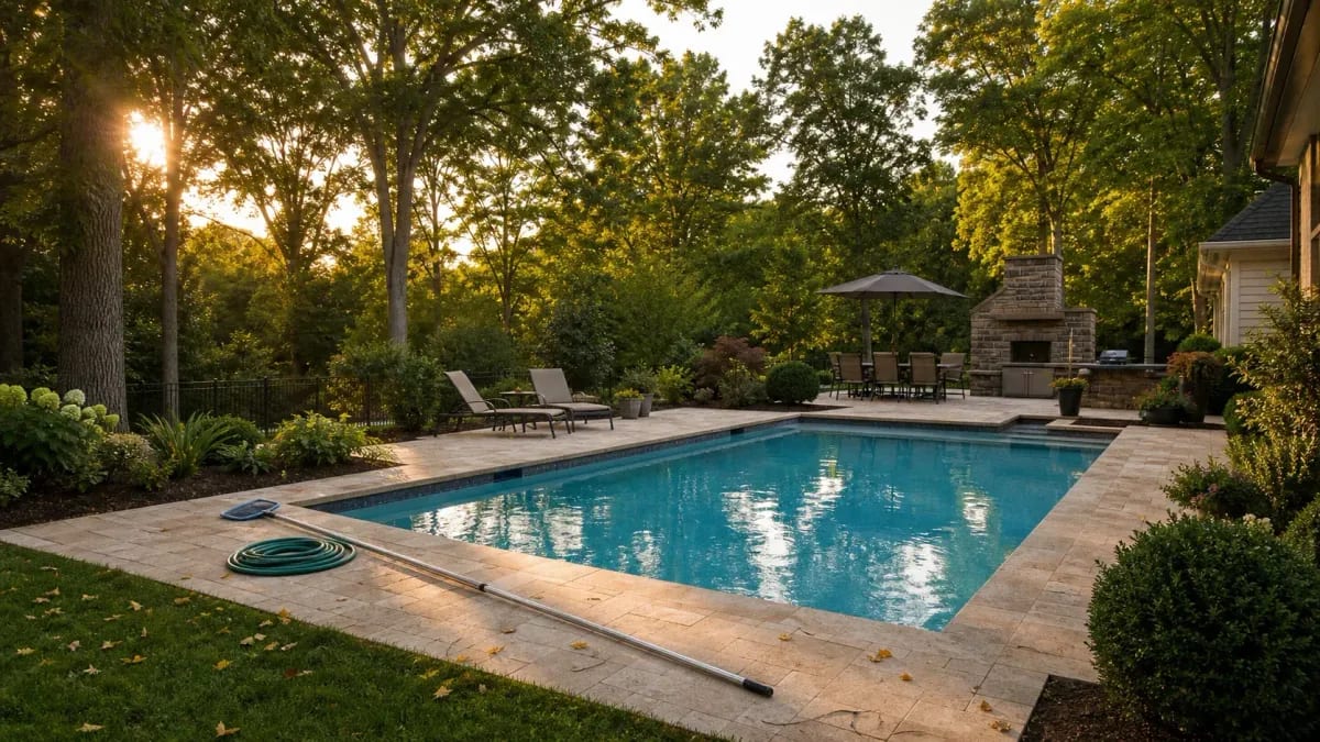 Open inground pool at sunset with skimmer pole and garden hose on the deck and first fallen leaves