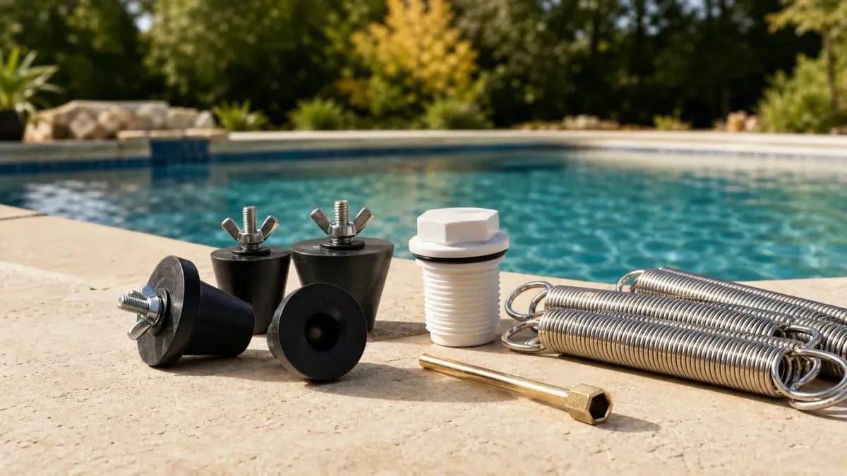 Rubber expansion plugs, threaded skimmer plug, stainless cover springs, and brass anchor key on a pool deck