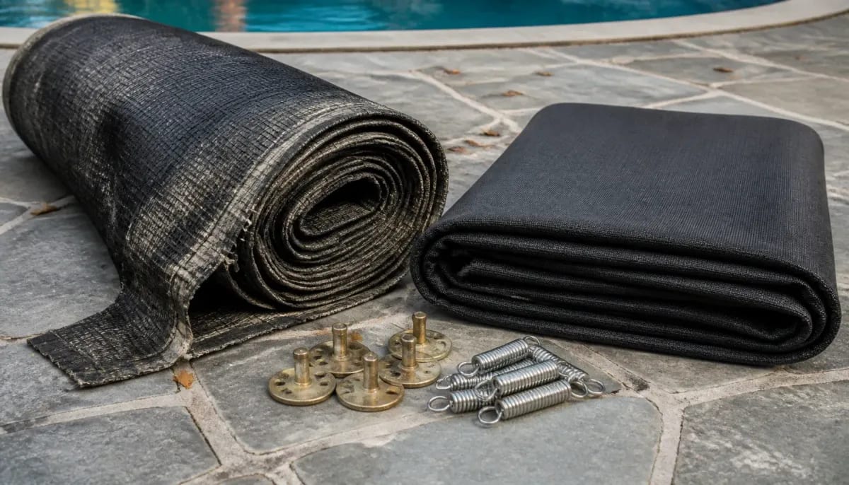 Worn rolled mesh safety cover beside new cover fabric and deck hardware
