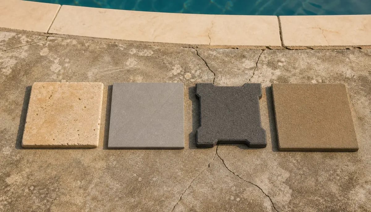 Four pool deck material samples laid in a row on a cracked concrete deck beside coping