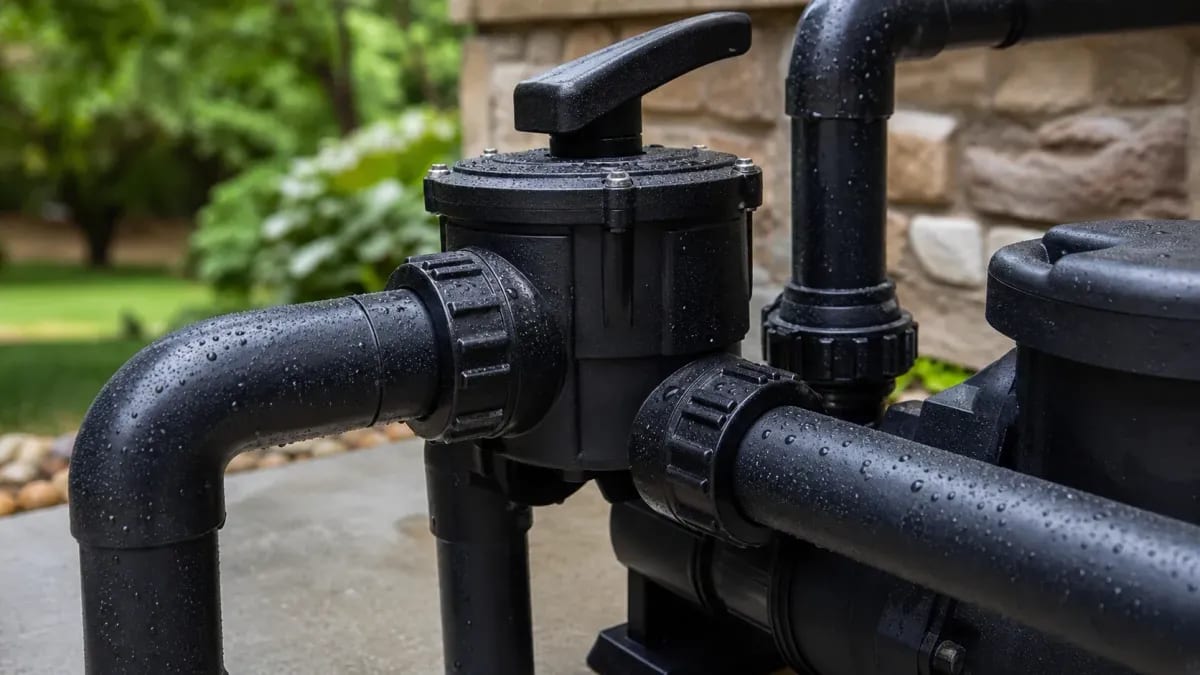 Close-up of black PVC pool plumbing pipes, a multiport valve handle, and a pump housing on an equipment pad