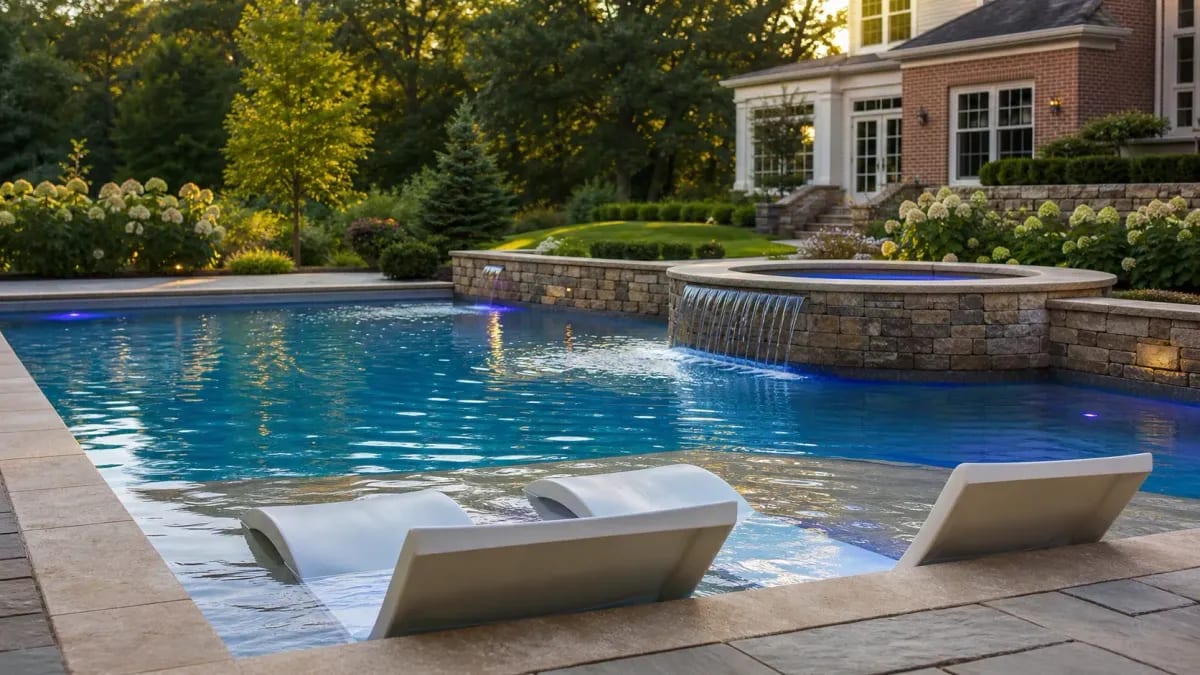 Inground gunite pool with raised spa spillover, tanning-ledge loungers, LED lighting and natural stone deck at dusk