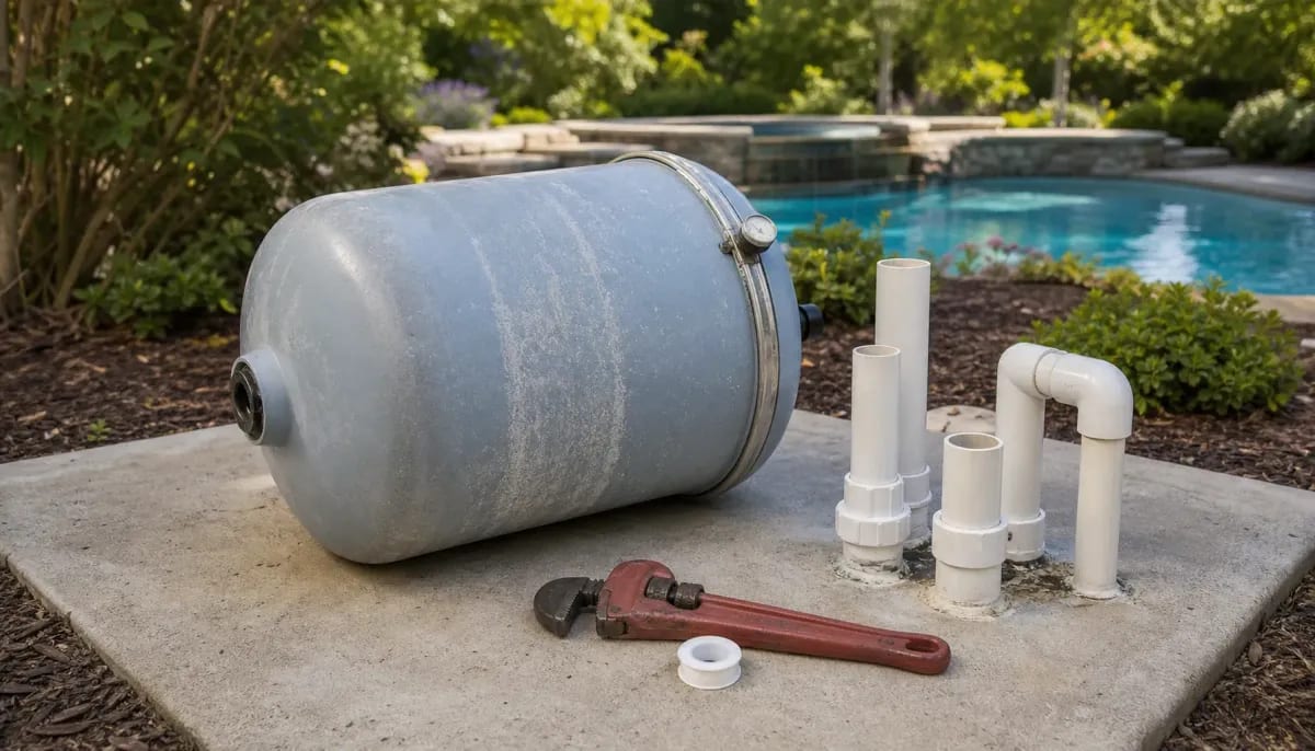 Old pool filter tank removed and lying on the equipment pad beside bare PVC plumbing stubs