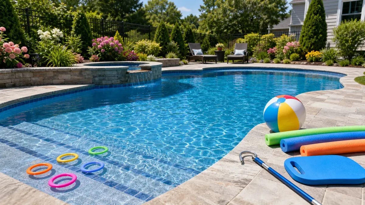 Backyard inground pool with pool noodles, diving rings, kickboard, beach ball, and rescue hook