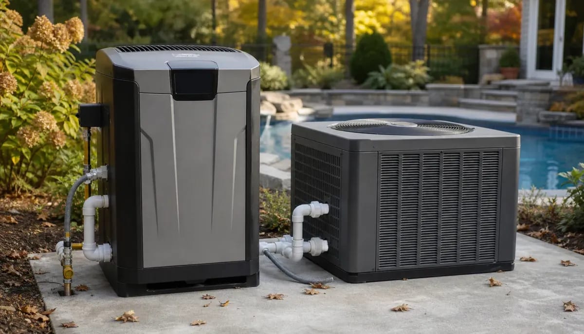 Gas pool heater and low-profile heat pump side by side on a concrete equipment pad