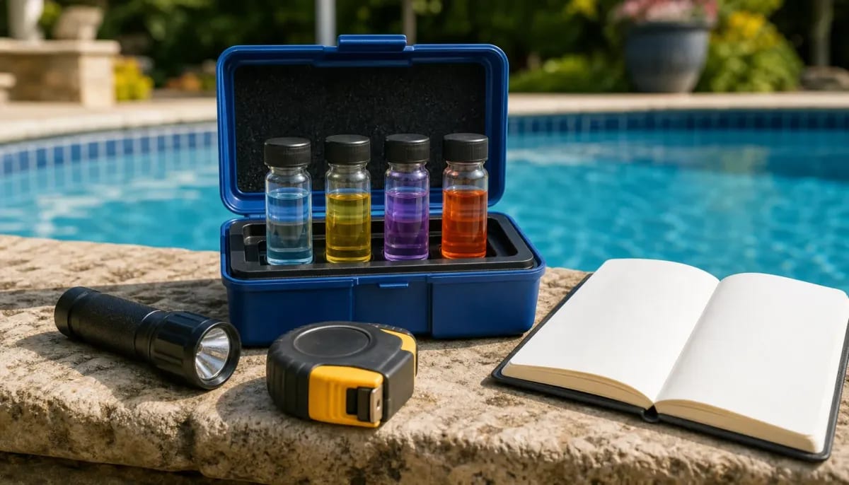Open pool water test kit with four colored sample vials, flashlight, tape measure, and blank notebook on coping