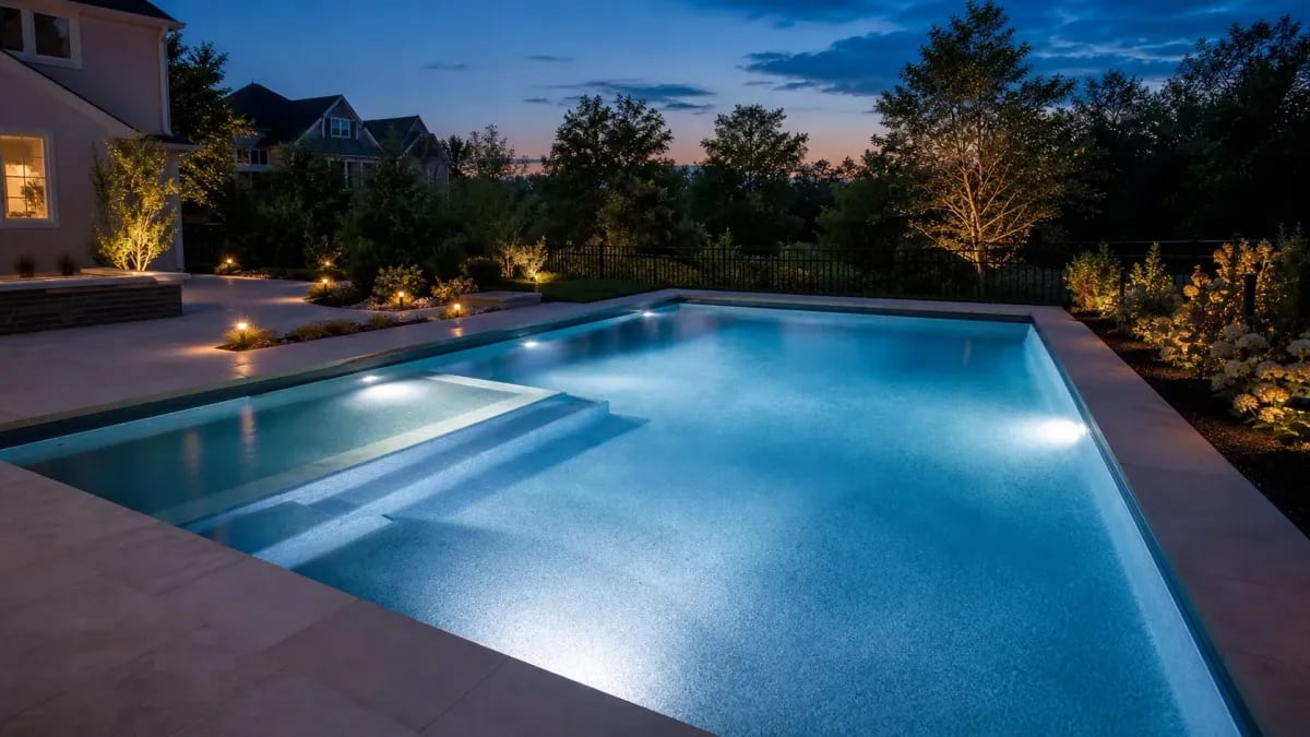 White pool and path lighting illuminating entry steps and the deck at dusk