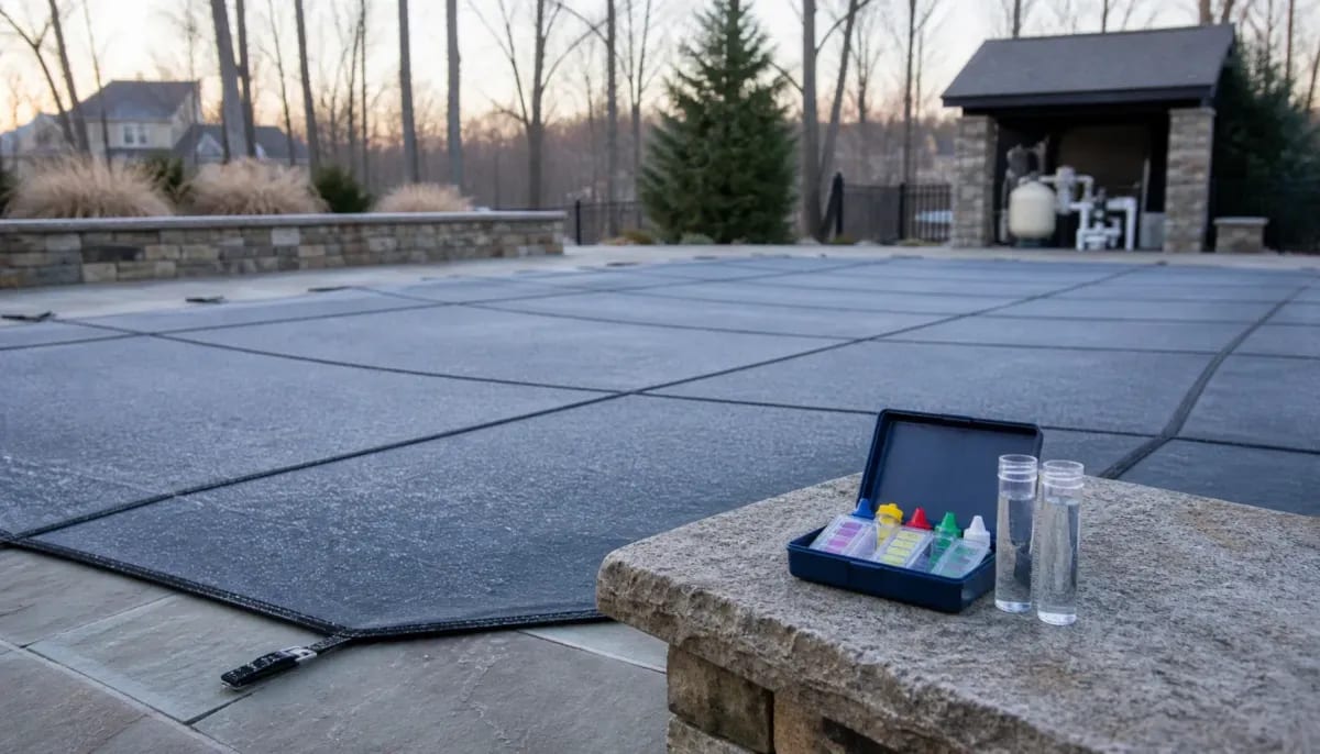 Frosted pool safety cover with water test kit on a nearby stone table