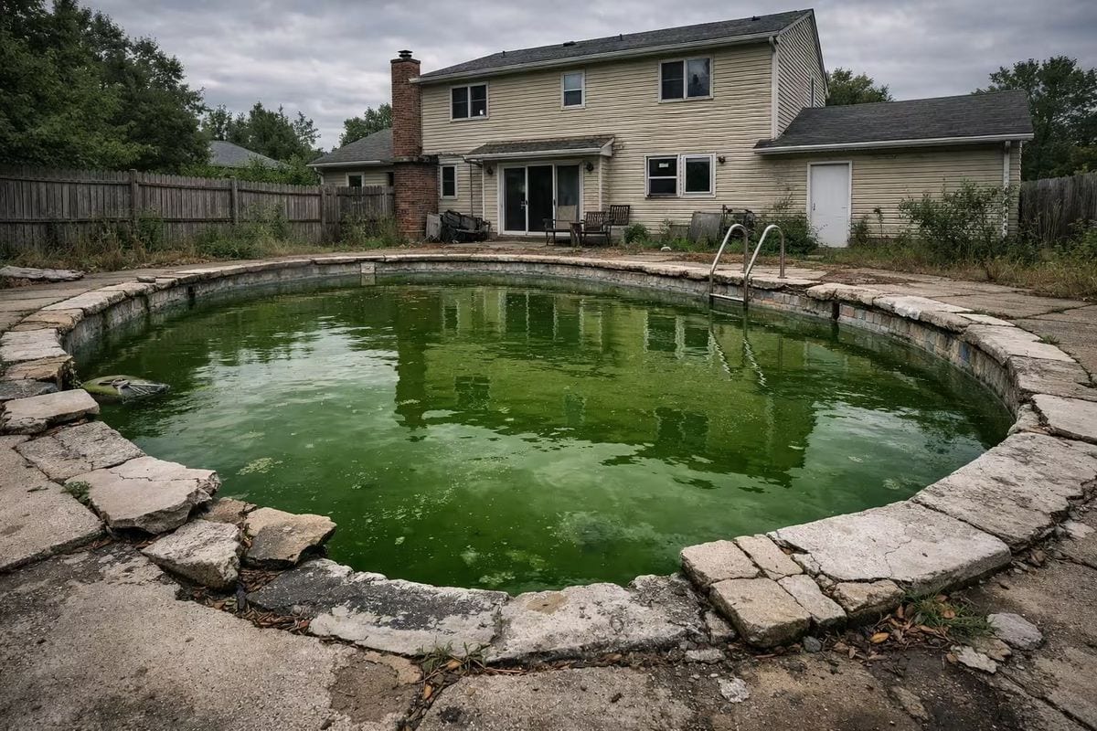 Severely neglected round inground pool filled with dark green algae-infested water, surrounded by cracked and crumbling concrete coping with weeds growing through, in an overgrown and abandoned backyard beside a run-down suburban home under overcast skies