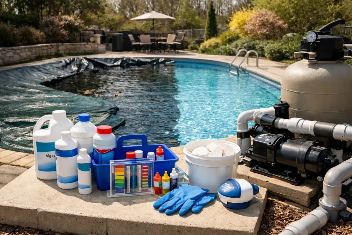 Pool opening supplies on concrete coping beside a freeform pool with a winter cover still partially on in early spring, showing algaecide, chlorine bottles, a water test kit with reagents, sanitizer puck bucket, blue rubber gloves, a robotic cleaner, and a sand filter with pump on the right