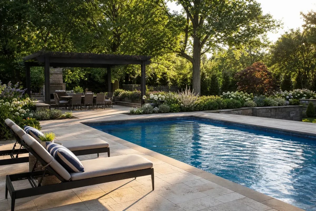 Travertine pool patio with lounge chairs by the water and a pergola-covered dining area behind planting beds