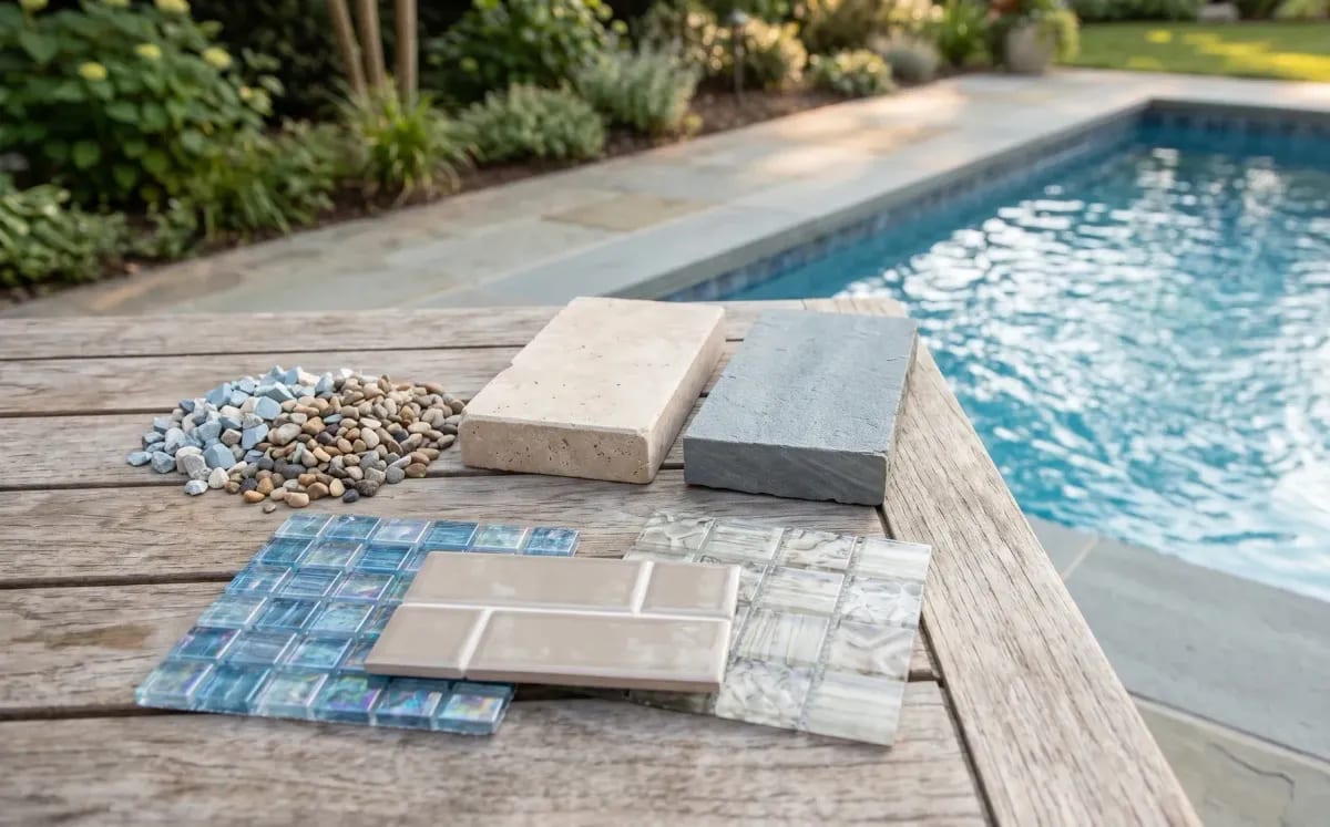 Pool renovation material samples — pebble aggregate, stone coping, and glass and porcelain tile — on wood decking beside a pool.