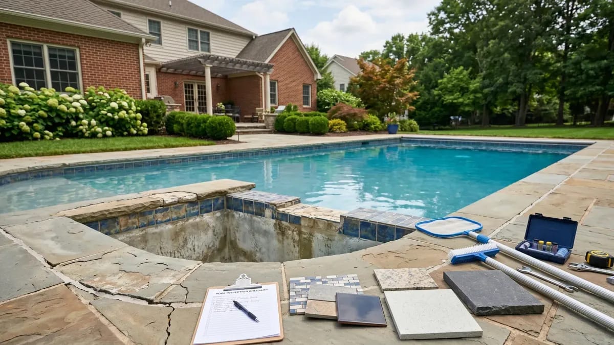 Residential swimming pool with worn tile, cracked coping, inspection tools, and renovation material samples