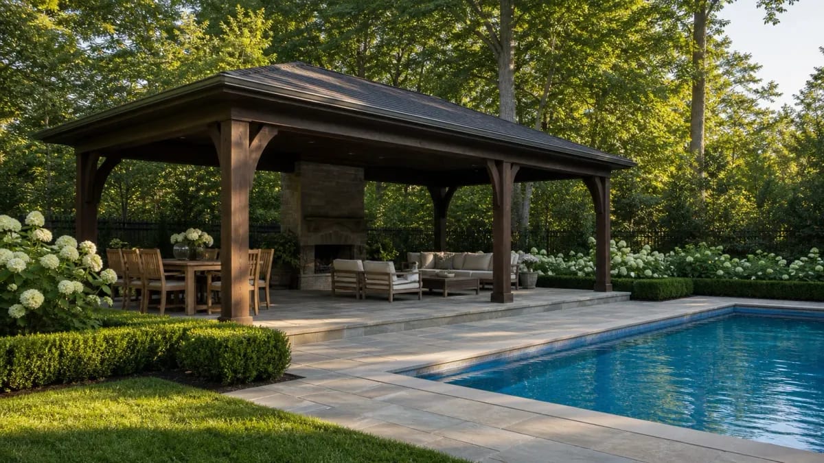 Open-sided poolside pavilion with a wood roof, stone fireplace, dining set, and lounge seating on a stone patio beside an inground pool