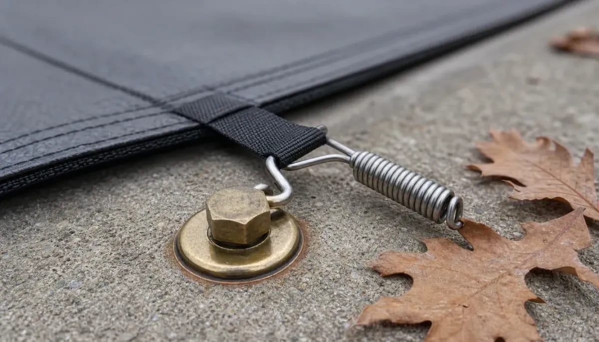 Brass safety cover anchor set in a concrete deck with a stainless spring and black cover strap