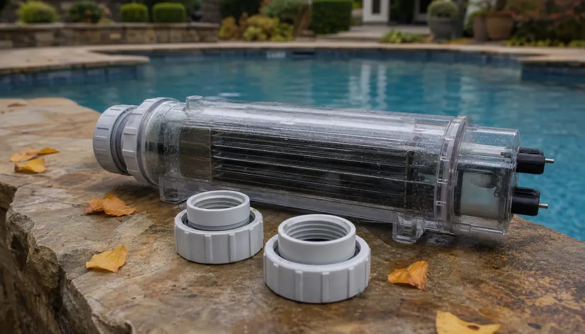 Clear-bodied salt chlorine generator cell on stone pool coping beside two disconnected plumbing unions