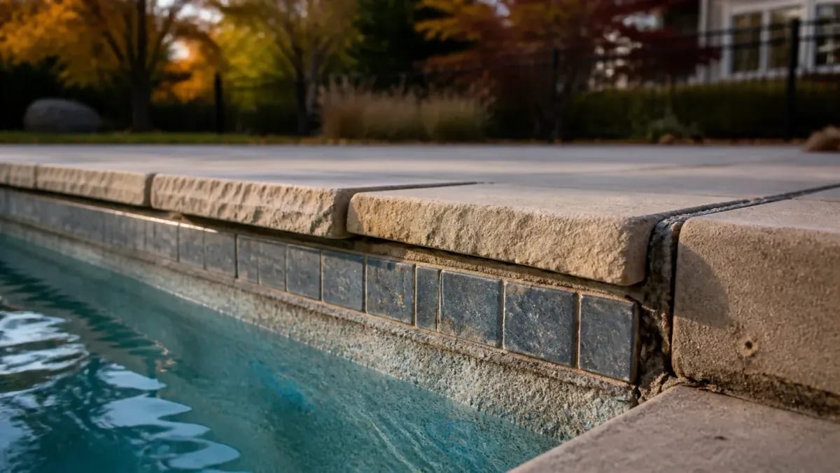 Worn pool plaster, cracked waterline tile, and shifted coping beside an aging deck