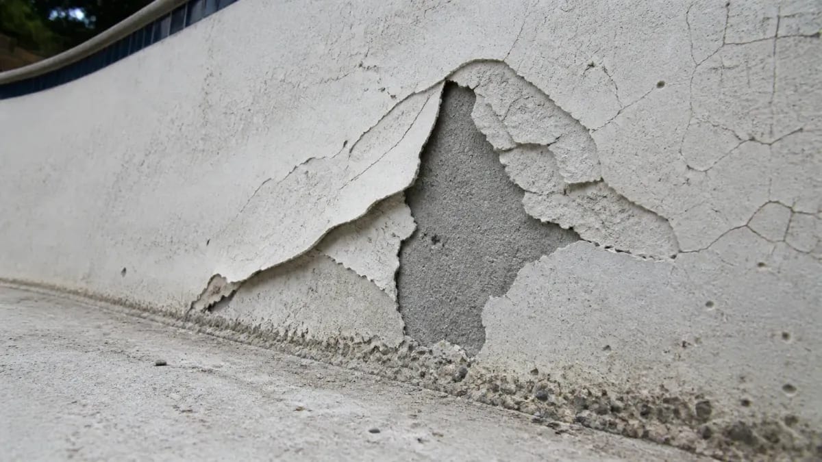 Pool wall where a sheet of white plaster has broken away, exposing the gray gunite shell beneath and crazing cracks around it