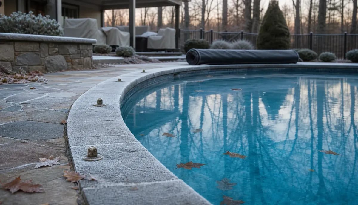 Frost-covered coping and flagstone deck beside an open pool, with a rolled winter cover nearby