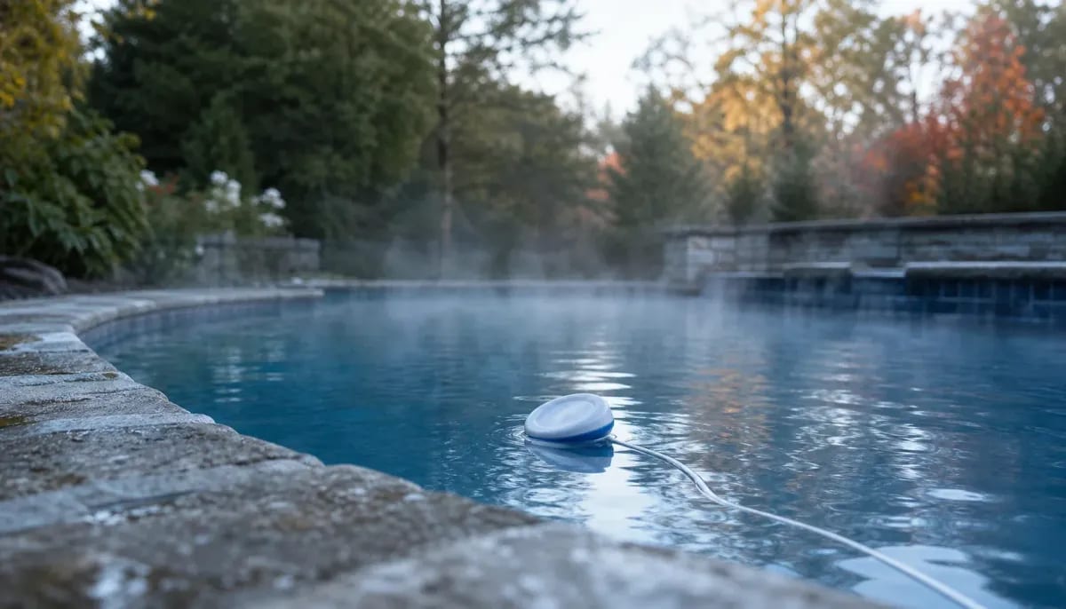 Floating pool thermometer on calm blue water with mist rising and autumn trees behind