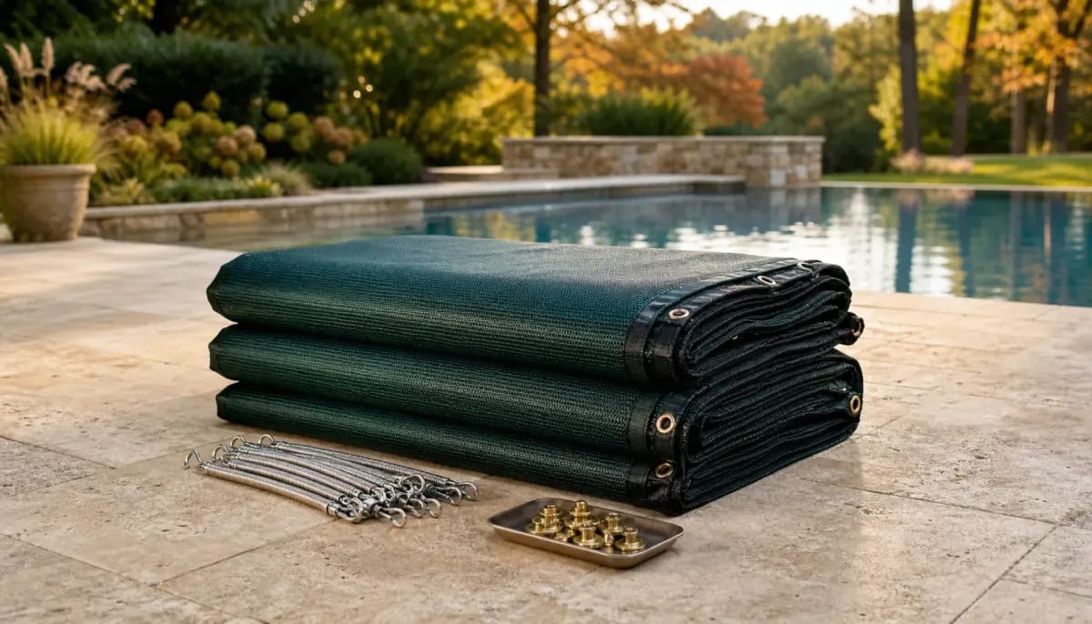 Folded dark-green mesh pool safety cover with stainless springs and brass deck anchors on a travertine pool deck