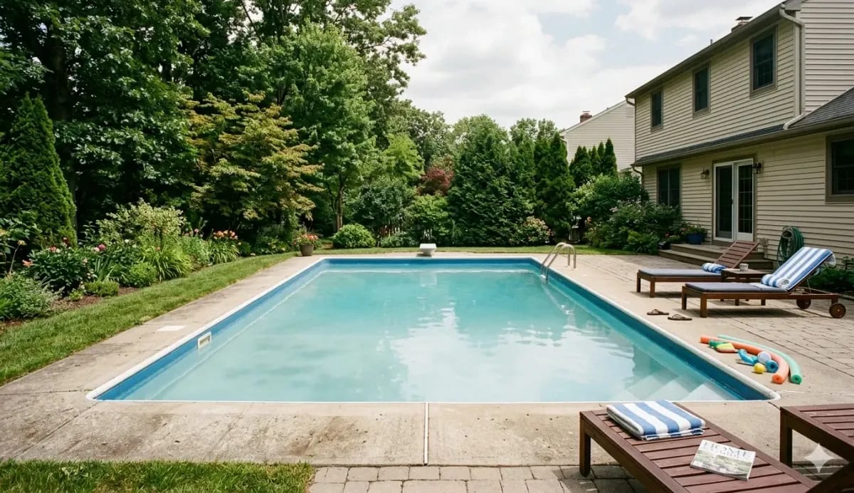 Rectangular inground pool with milky hazy water on a concrete patio beside a suburban home, with wooden lounge chairs with striped towels, pool noodles, and lush garden trees in the background